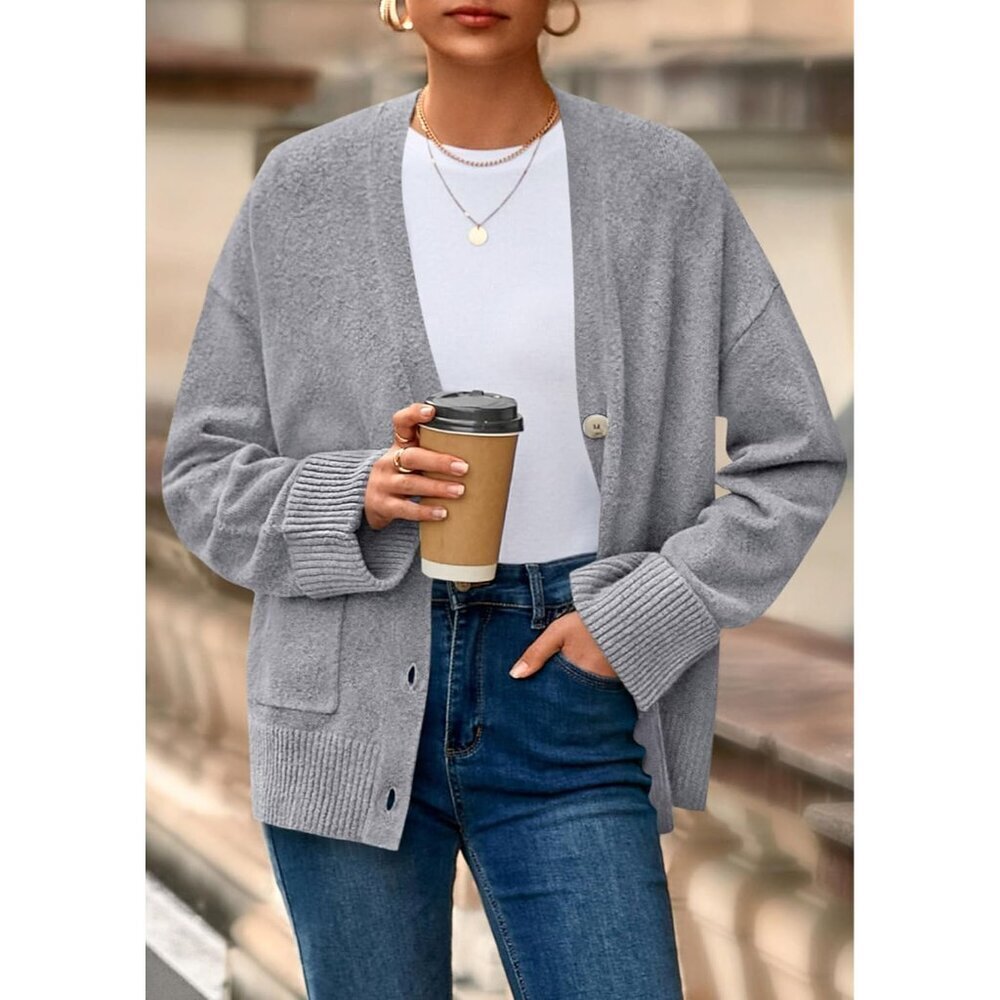 Women's Chunky Knit Oversized Cardigan V Neck Button Fall Winter - Picture 8 of 8